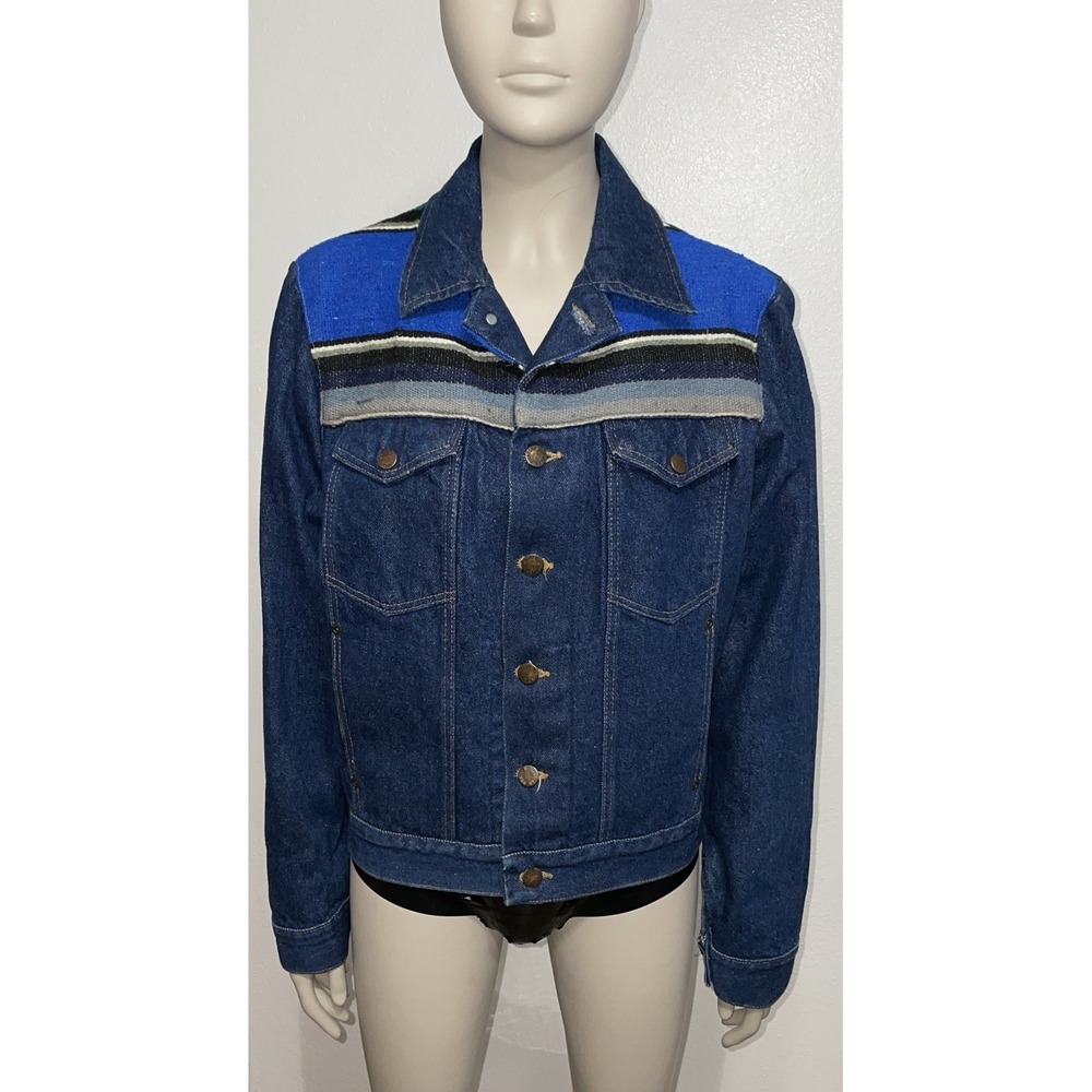 Vintage Rustler Womens Large Baja Serape Denim Jean Jacket Made USA 100% Cotton